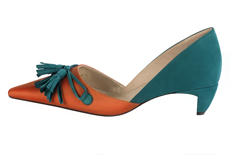 Clementine orange and peacock blue women's open arch dress pumps. Pointed toe. Low comma heels. Profile view - Florence KOOIJMAN